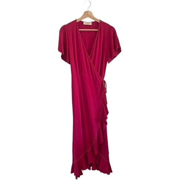 LOYD/FORD Flutter Sleeve Studded Ruffle Midi Wrap Dress Raspberry Red 0 / XS - Picture 4 of 14